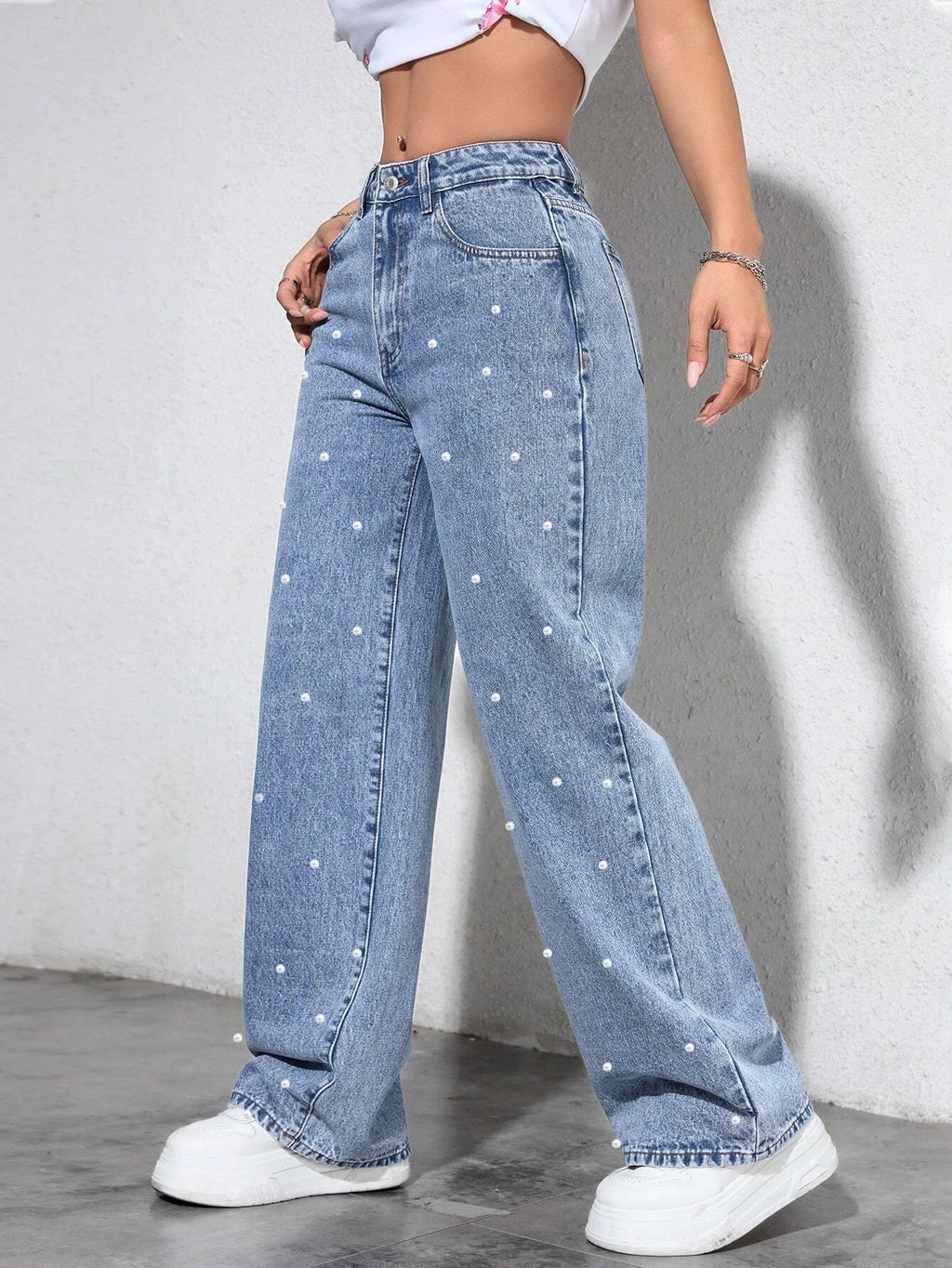 Fashionable Casual Rhinestone Frayed Straight Leg Jeans Women's Long Pants Cotton Natural Waist Comfortable Fit Spring Season