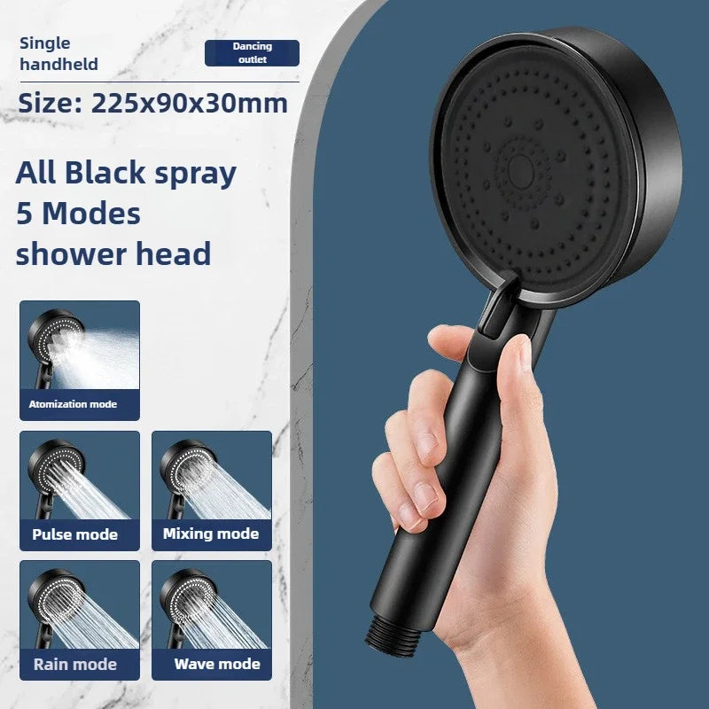High-Pressure Handheld Shower Head with Stand and Hose - 5 Adjustable Water Flow Modes, Round Plastic Bathroom Accessory