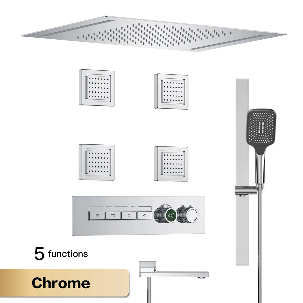 Luxury Gun Grey Brass Thermostatic Shower System Ceiling-Embedded Rainfall&Waterfall Outlet with LED Display Bathroom Mixer Tap