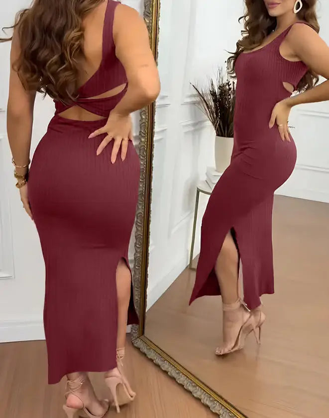 Women Dresses 2026 Spring Summer New Solid Color U-Neck Sleeveless Backless Twisted Back Slit Slim Fit Casual Knit Long Dress