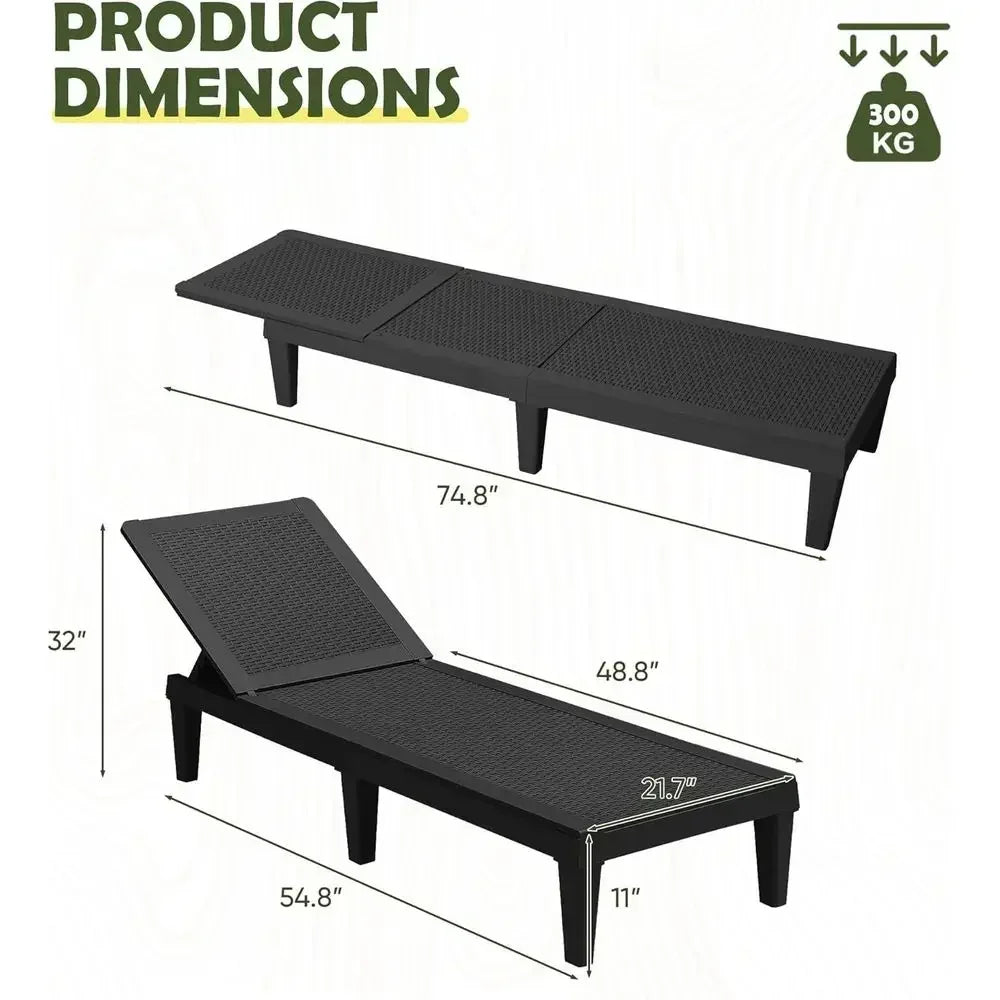 Black Outdoor Adjustable Waterproof Chaise Lounge Set of 2 for Poolside Patio