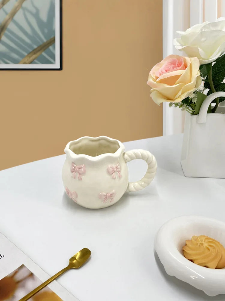 Bow Ceramic Coffee Cup Cute Handmade Ins Style Mug Drinking Water Afternoon Tea Gift Decoration Summer Dopamine Girlfriend Gift