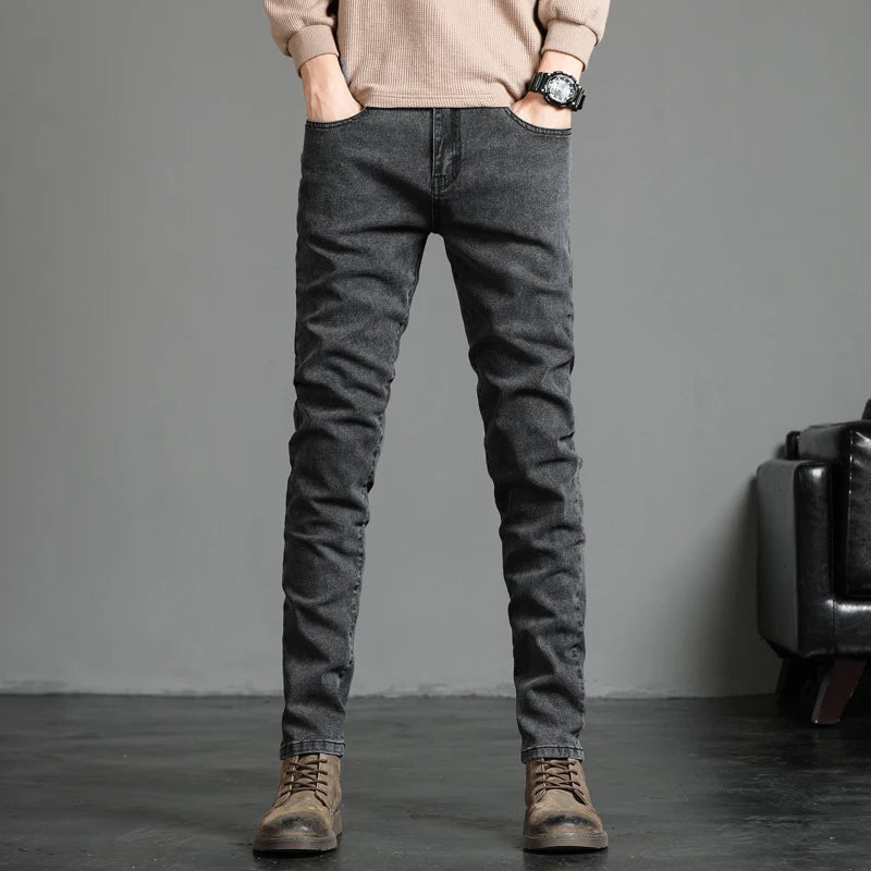 Men's Skinny Grey Jeans Fashion Casual Elastic Cotton Slim Korea Blue Biker Pencil Denim Trousers Male Hip Hop Brand Clothing