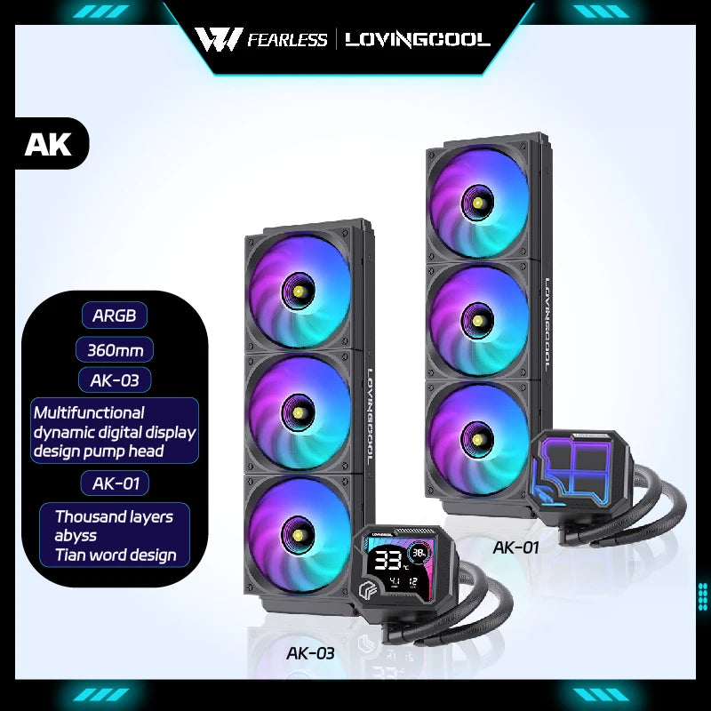 LOVINGCOOL AK-01 AK-03 water cooler 360mm broken code screen dynamic digital display liquid cooler ARGB abyss mirror cold head