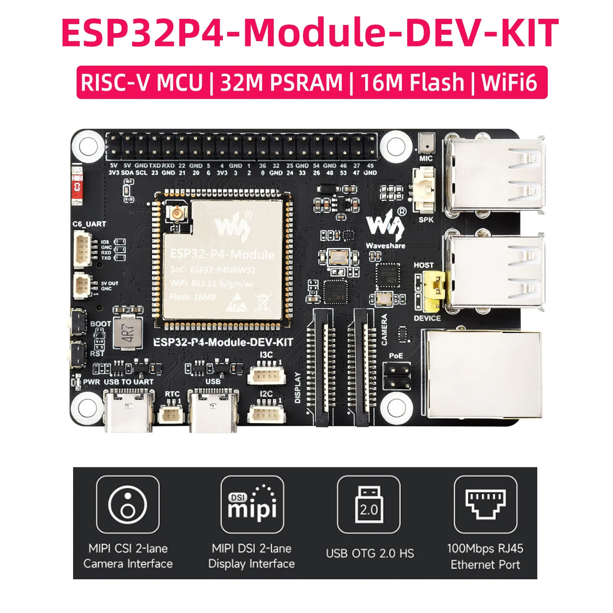 ESP32-P4-Module-DEV-KIT ESP32-P4 Development Board with ESP32-C6 WiFi 6 Bluetooth 5 BLE MIPI CSI DSI RJ45 USB PoE Port Speaker