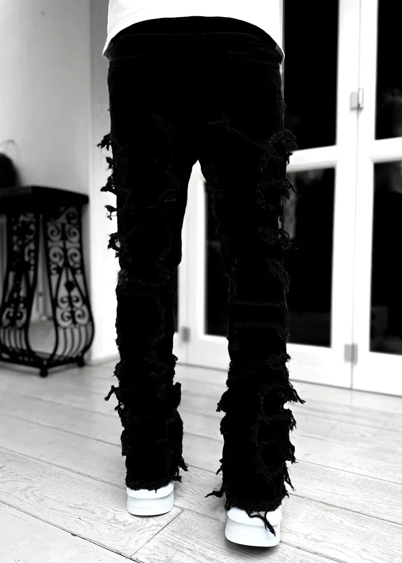 2026 New Men's Denim Straight-Leg Pants, European and American Street Fashion Ins Stretch Patch Denim Straight-Leg Pants