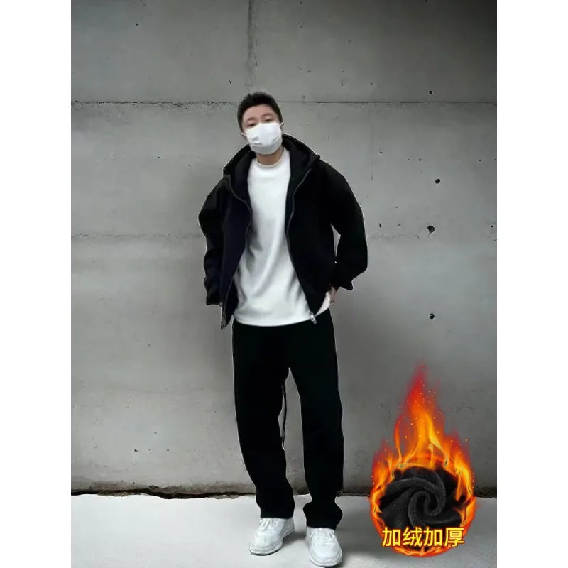 Autumn Winter Men's Casual Hoodie Sports Set Korean Fashion Loose Zip Up Hooded Sweatshirt and Sports Pants Two-piece Set
