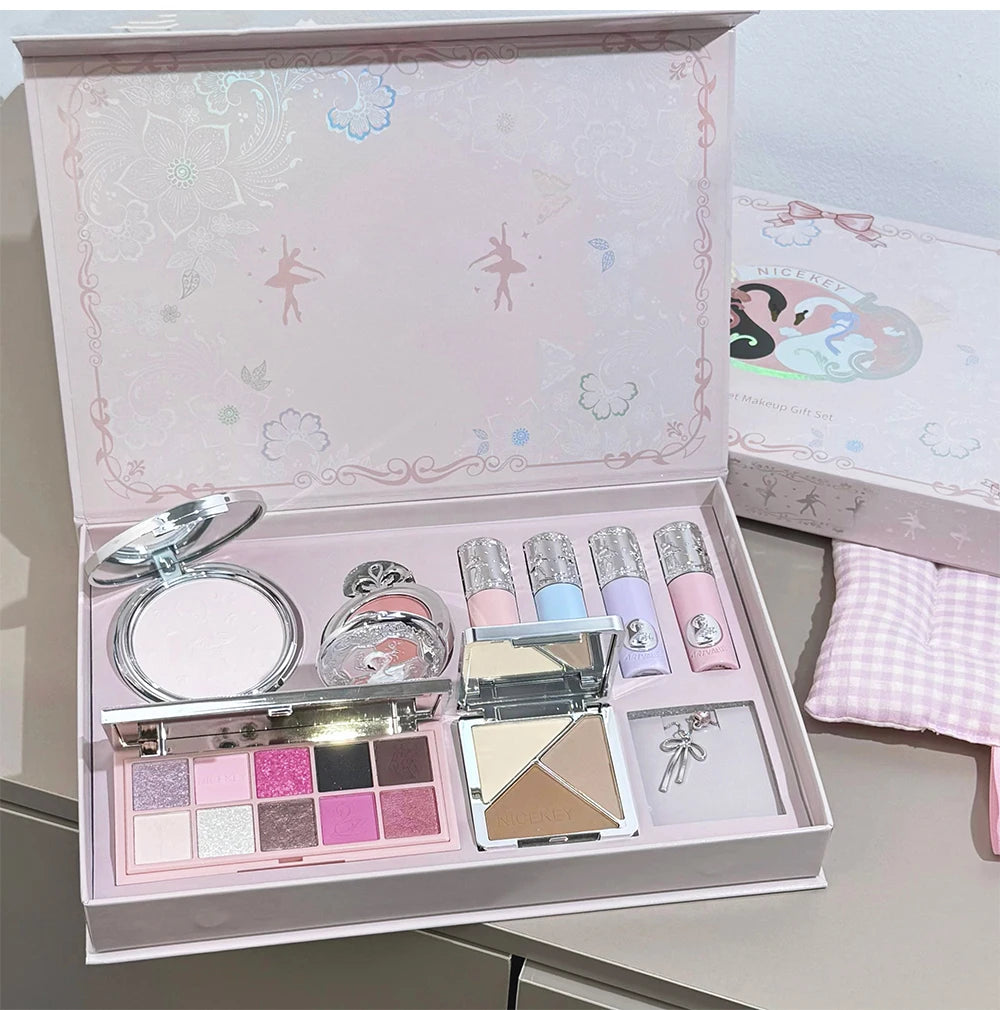 NICEKEY Multipurpose Makeup Sets Include 4 Lip Mud,1 Blush,1 Pressed Powder,1 Eyes Palette,1 Contour Palette With Necklace Gift