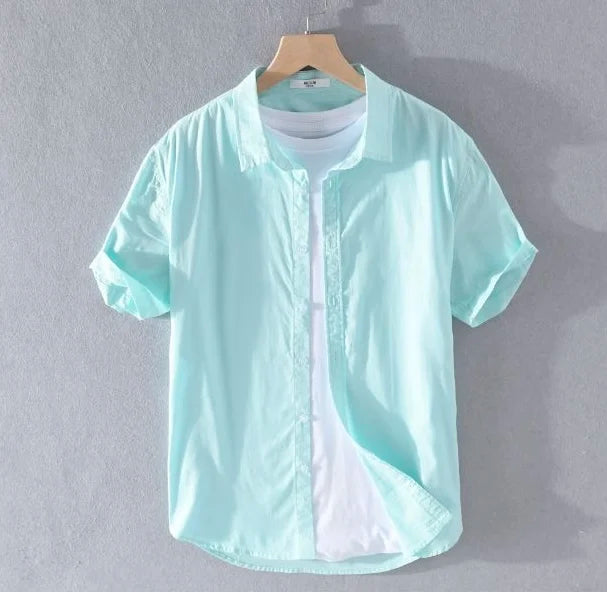 High Quality Cotton Linen Men's Summer Fashion Shirt Solid Color Simple Casual Short Sleeve Blouses Basic Thin Breathable Tops