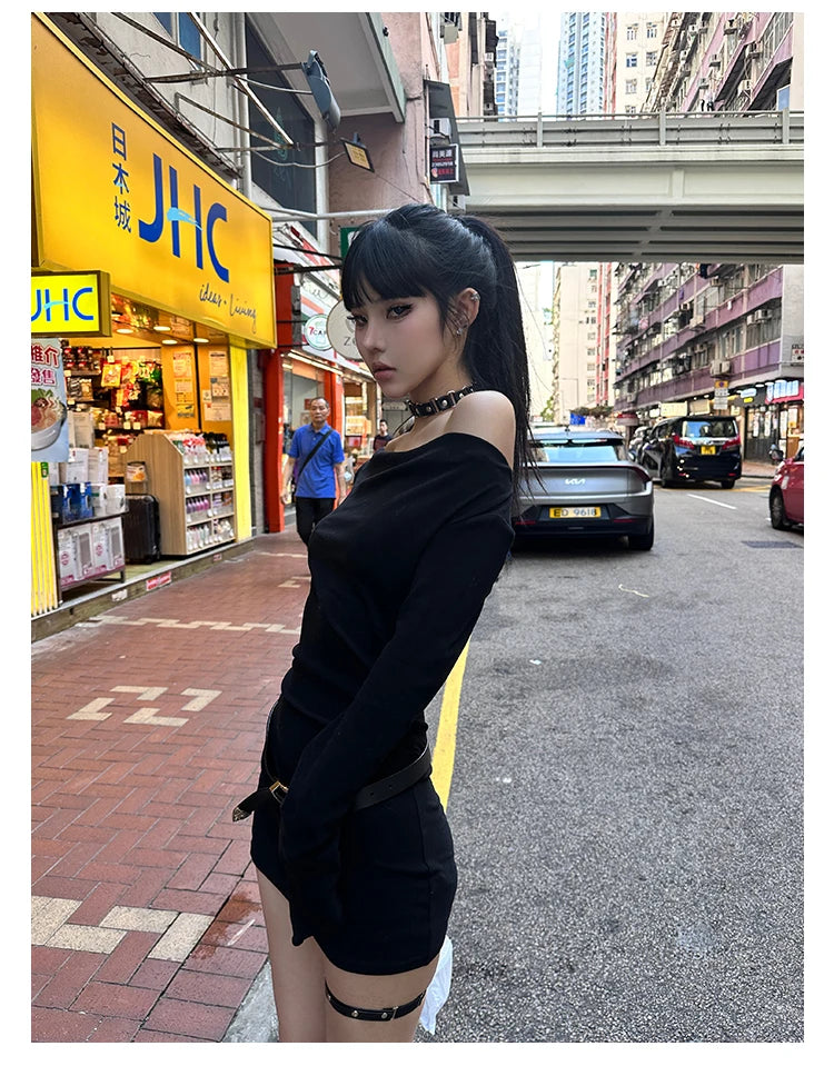 Seeslim Black Slim Sexy Mini Dress Women Long Sleeve Autumn Off Shoulder Korean Fashion 2000s Y2k Clothes Party Dresses Chic