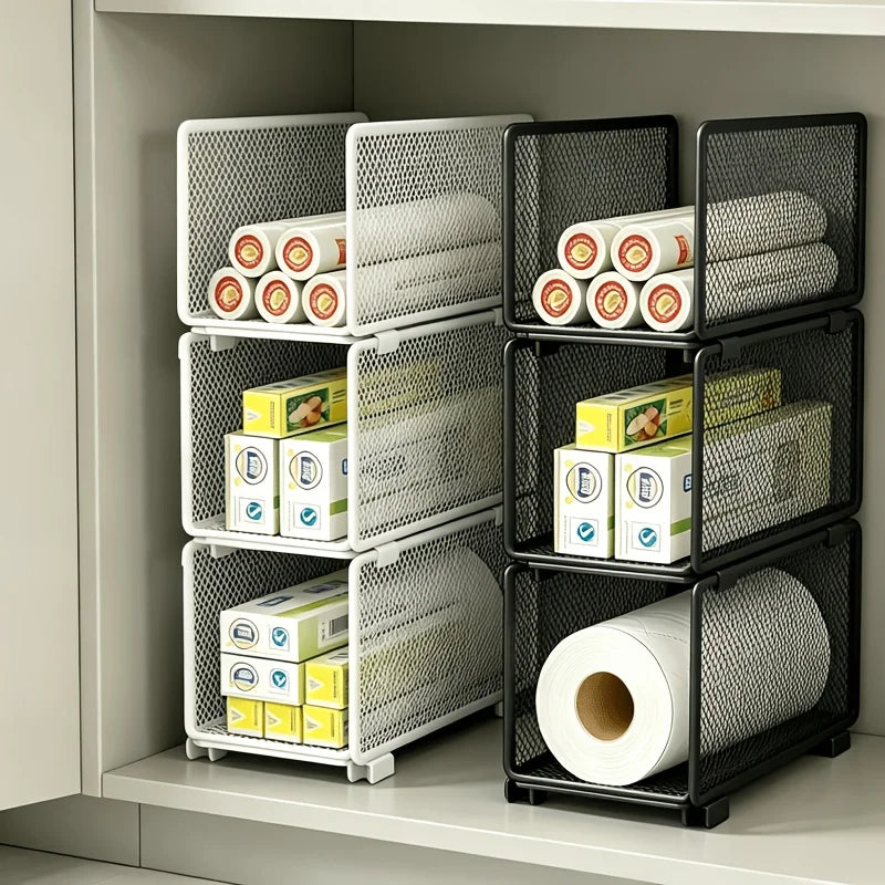Stackable Kitchen Storage Baskets, Organizer for Kitchen Paper, Plastic Wrap, and Spice Jars, Household Cabinet Storage Racks
