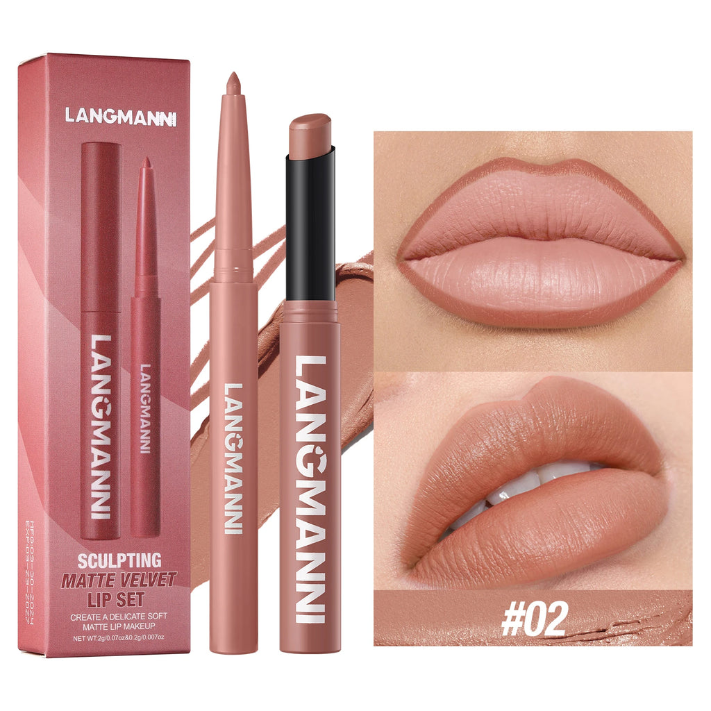Integrated waterproof lipliner+lipstick lipstick lipstick set,no smudge,no fade,no cup,durable,easy to create a perfect makeup!