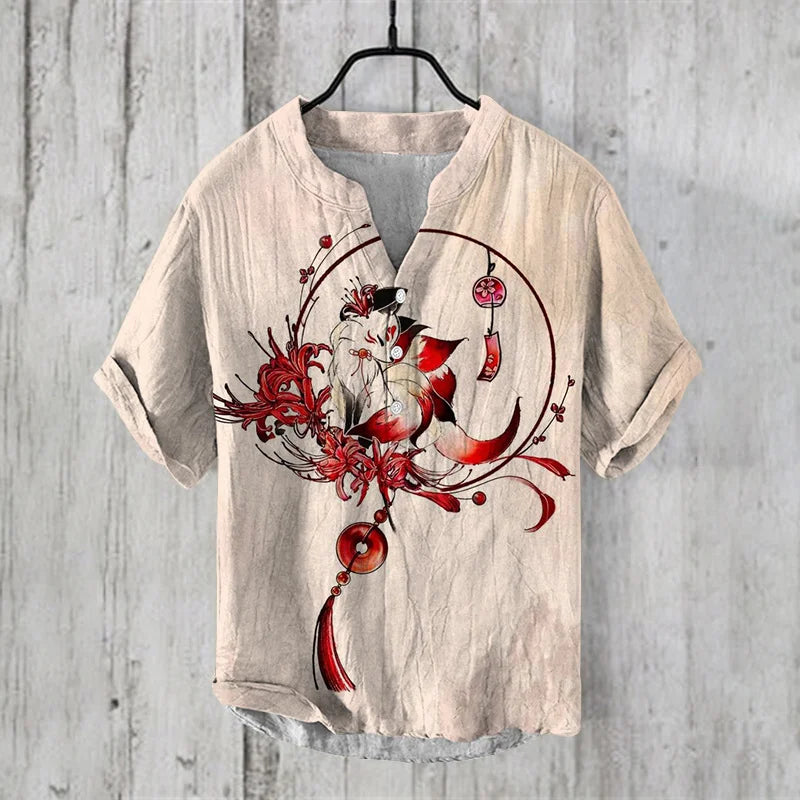 Men's Linen Comfortable Soft Men's Short Sleeve Shirt Hawaiian Fashion Splicing Print Stand Collar Button Shirt Summer Style