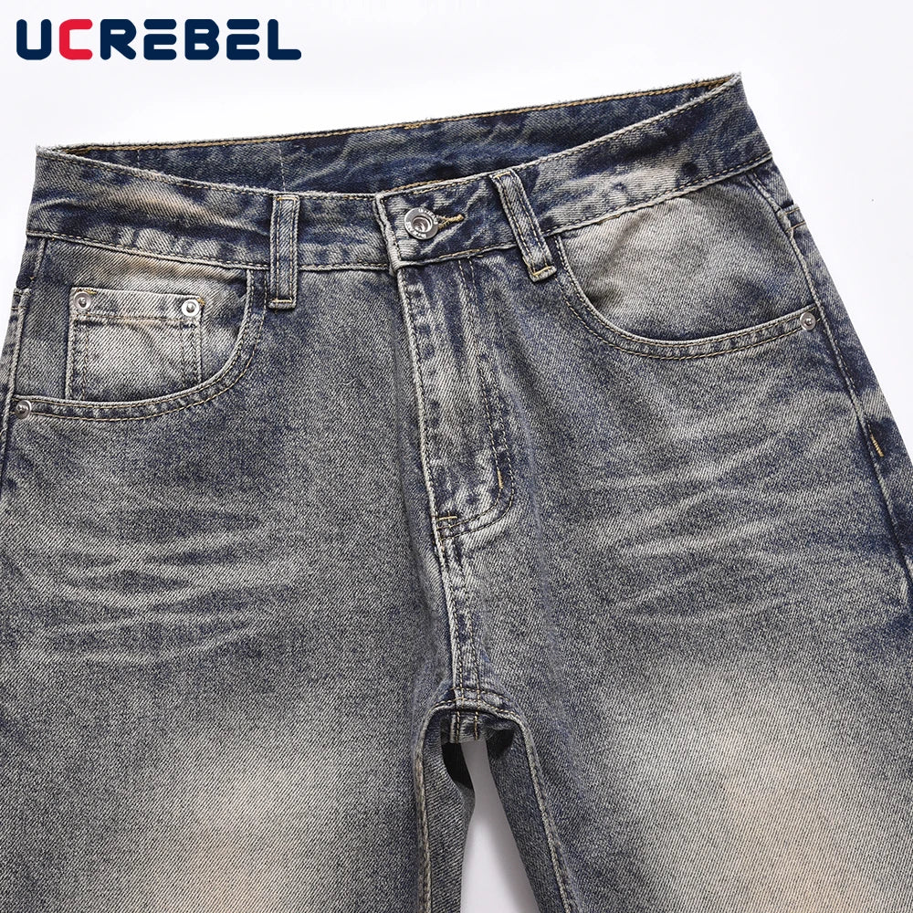 Washed Distressed Blue Denim Pants Mens Autumn Winter Casual Streetwear Straight-leg Jeans Men