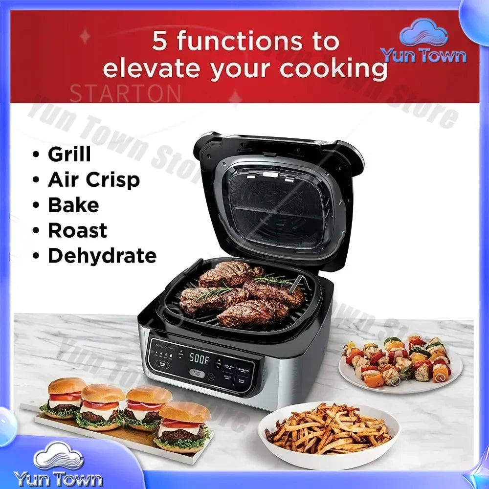 5-in-1 Indoor Electric Grill for Air Fryer Roast Bake Dehydrate Programmable Kitchen Appliance for Home Cooking Black Silver