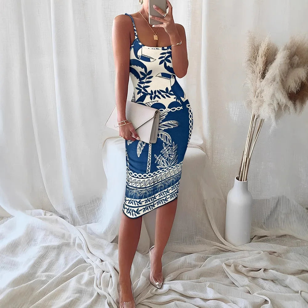 Sexy Slim Bandage Midi Dress Women 2025 Summer Print Backless Wrap Hip Elegant Pencil Body Dresses For Women Robe Femme