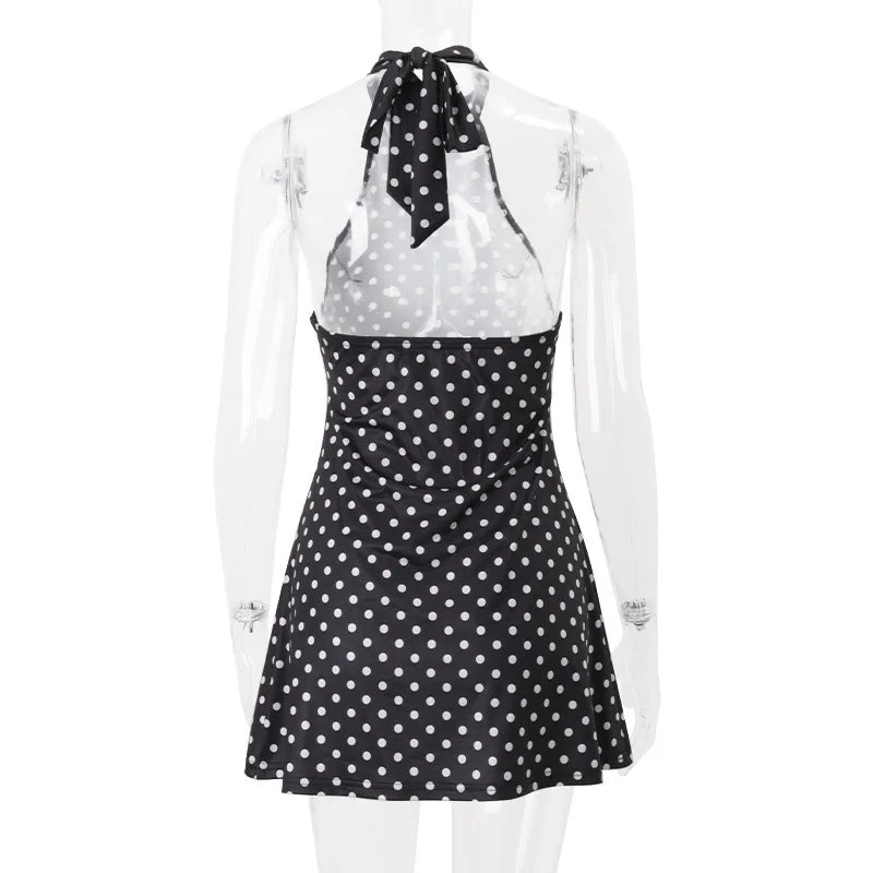 Retro Backless Polka Dot Halter Dress Women Sleeveless Off Shoulder Lace Up Slim Mini Dresses Lady Holiday Party Vestidos 2026