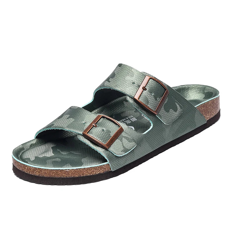 Summer Men Women Cork Slippers Clogs Microfiber Leather Slides Casual Slip On Sandal Double Buckle