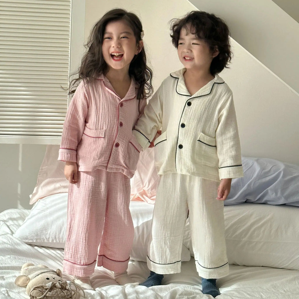 2026 New Children's Cotton Pajamas Set Soft Loose Boys Girls Clothing Turn-down Collar Button Shirt Trousers 2 Pcs Suit Pijamas