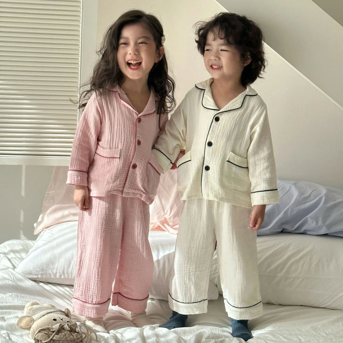 2026 New Children's Cotton Pajamas Set Soft Loose Boys Girls Clothing Turn-down Collar Button Shirt Trousers 2 Pcs Suit Pijamas