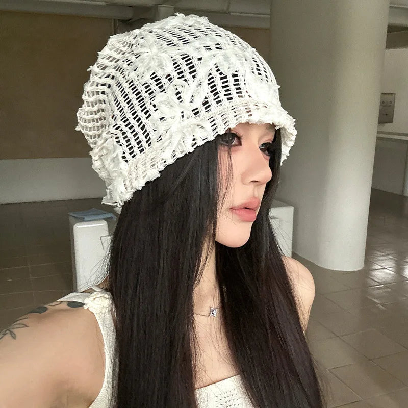 Spring Summer New Korean Crochet Pullover Hats Women Outdoor Travel Fashionable Versatile Sweet Hollow Breathable Beanies Cap
