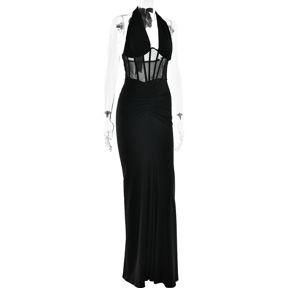 Articat Elegant Hanging Neck Elastic Tight Long Dress Women Sexy Deep V Slim Fishbone Party Club Evening Dress Fall New Vestidos