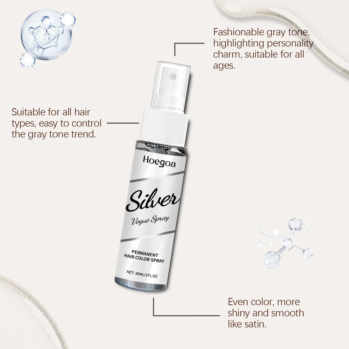Silver Hair Spray Metallic Texture Hairstyle Customization Long Lasting Color Even Coloring Plant Formula Antioxidant Hair Dye