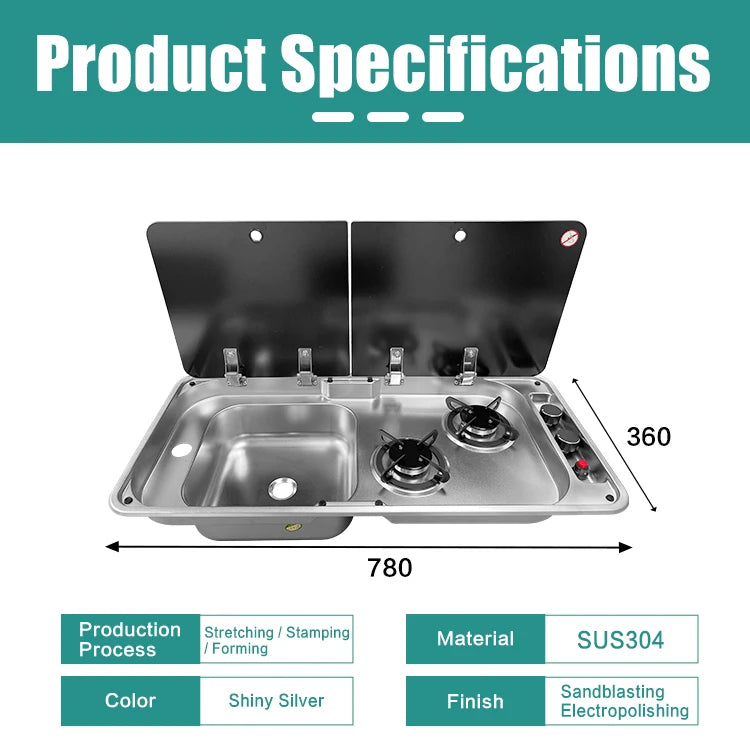 304 Stainless Steel RV Sink with Dual-Burner Gas Stove Combo Built-in Camper Van, Caravan & Motorhome Kitchen Unit