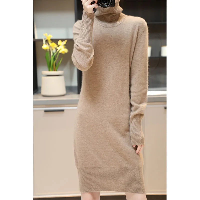 Elegant Cashmere Sweater Womens Dresses 100% Merino Wool Autumn Winter Turtleneck Knitted Dress Female Casual Long-Sleeve Skirts