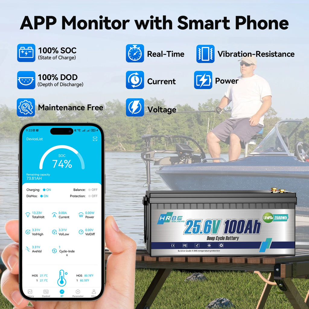 HRBE 24V 100Ah LiFePO4 Battery Bluetooth With BMS 8000+Deep Cycles For Camper RV Home Energy Solar Trolling Motor 24V Lithium Battery