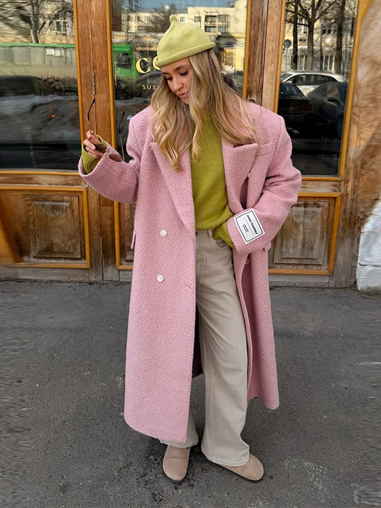 Women Olive Green Oversized Coat Notched Lapel Double Breasted Straight Outerwear Vintage Fall Winter Daily 2026 Office Outfit