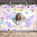 Custom Photo Name Birthday Backdrop Pink Butterfly and Floral Background Banner Personalized for Party Wall Decoration Glitter T