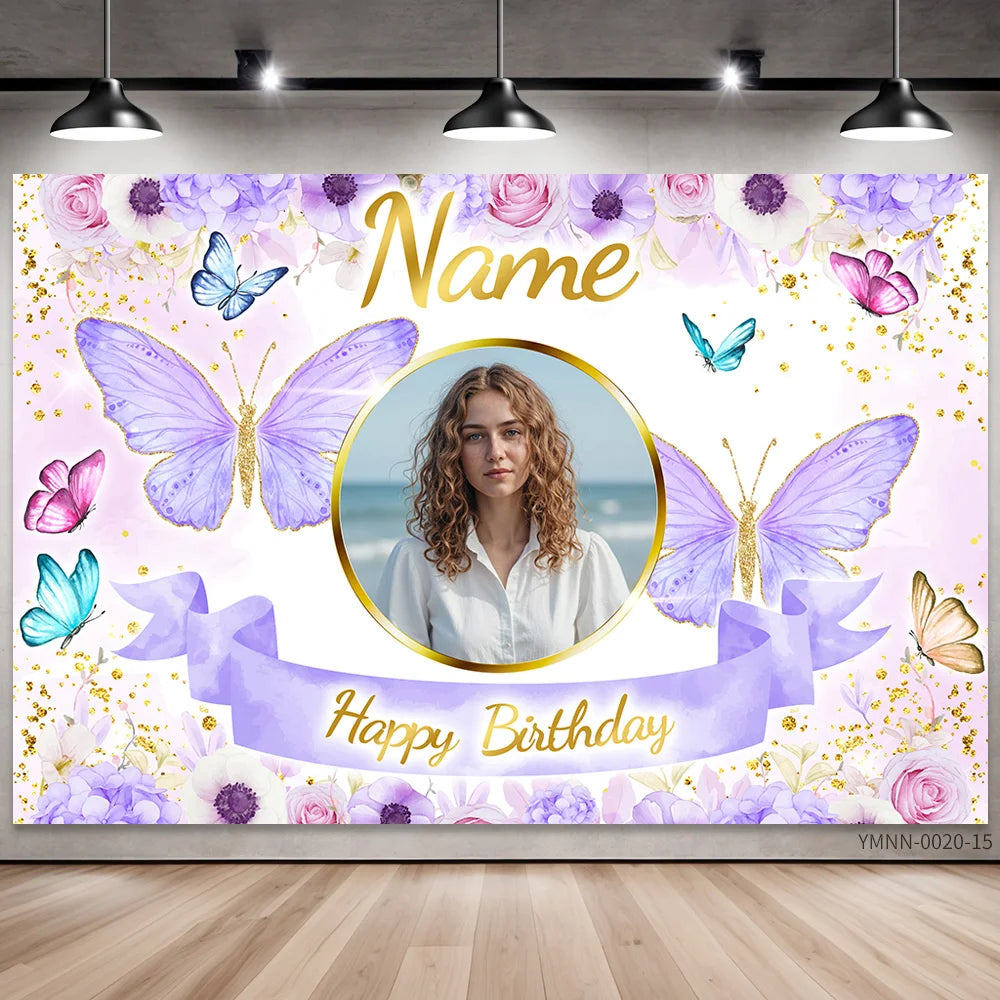 Custom Photo Name Birthday Backdrop Pink Butterfly and Floral Background Banner Personalized for Party Wall Decoration Glitter T