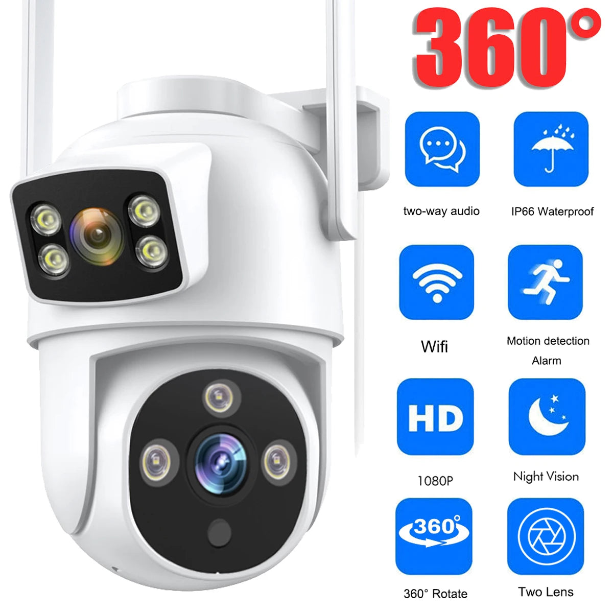 6MP Dual Lens Wireless WiFi Camera 360° Pan/Tilt Auto Motion Track Two Way Audio Video Monitor Surveillance Security Camera