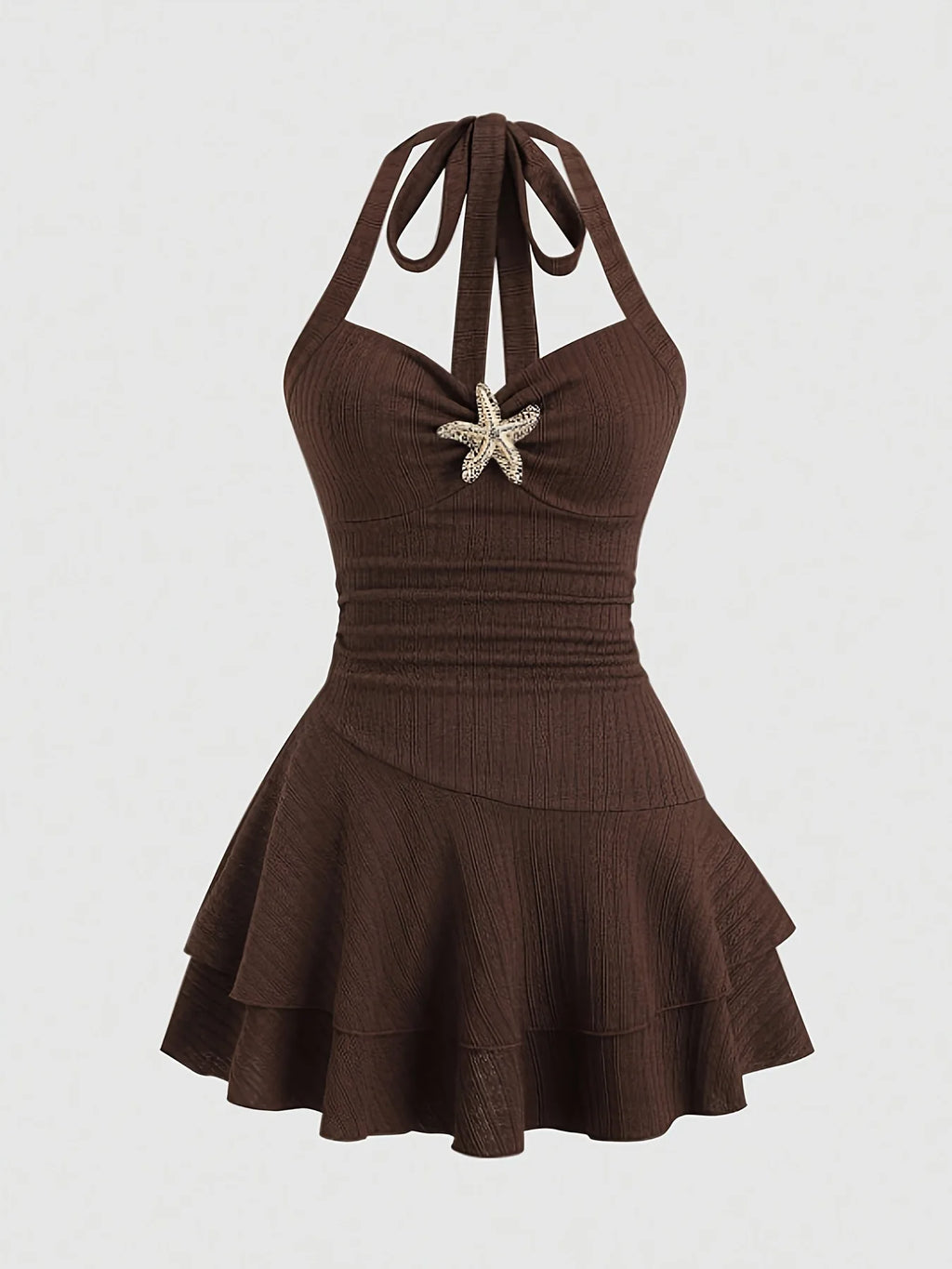 Women Summer Halter Mini Dress Sexy Tiered Ruffle Bodycon Short Dress with Starfish Decor Vacation Beach Party Outfit