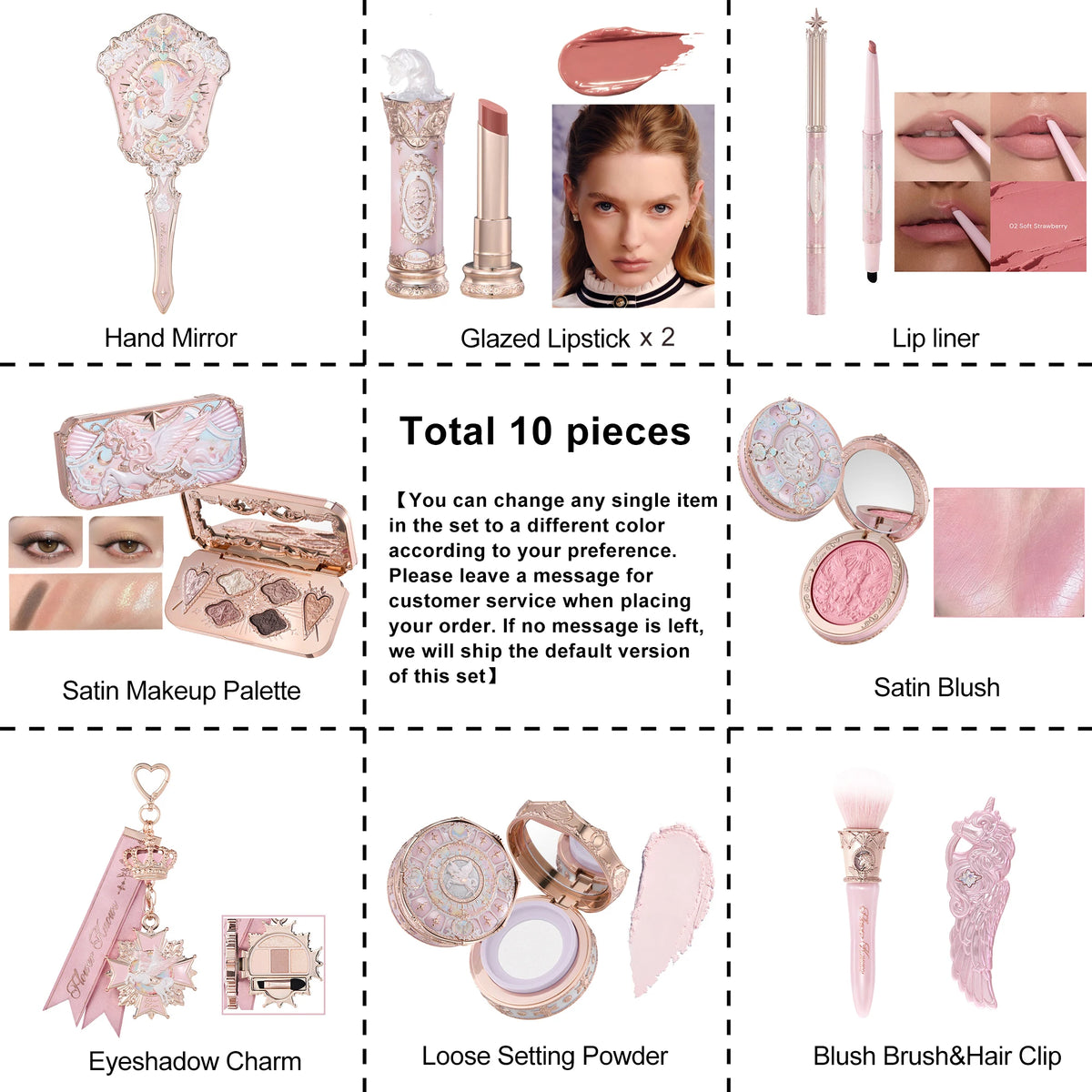 Flower Knows Knight Unicorn Makeup Set Eyeshadow Blush Lipstick Loose Powder Long Lasting Fantasy Princess Beauty Kit Cosmetics