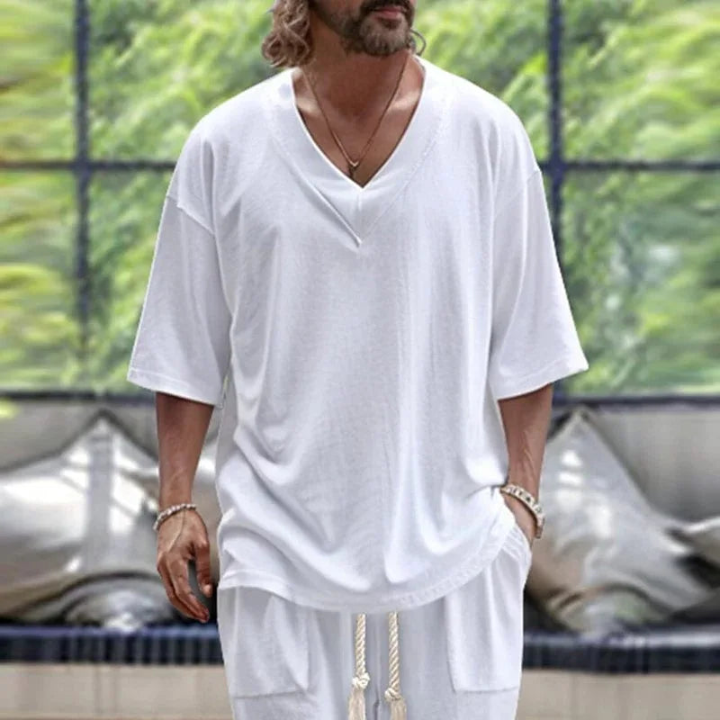 2026 Men Two Piece Sets Fashion Solid Tracksuits Summer Half Sleeve V-neck T-Shirt and Pants Loose Casual Outfit Male Streetwear