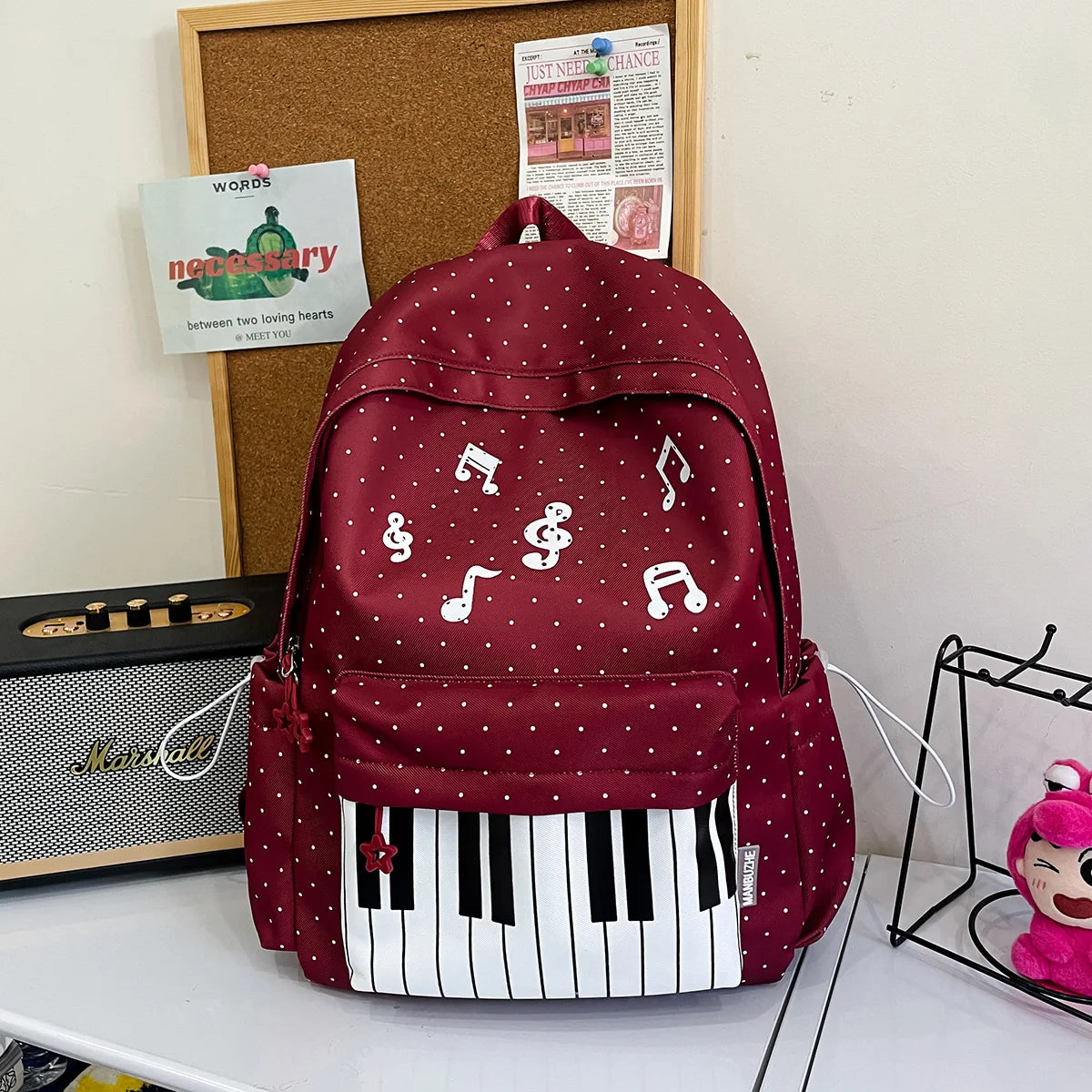 Polka Dot Piano Keyboard Backpack Back-to-school Girl Music Theme Embroidered Nylon Backpack Large Capacity Lightweight Backpack