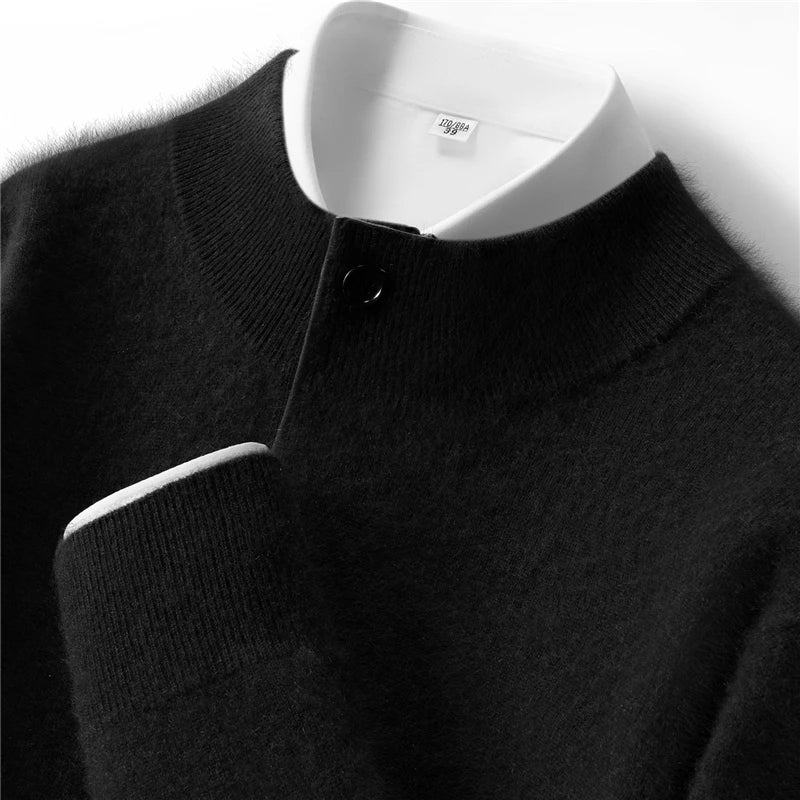 Autumn Winter New Men's Half High Collar Pullover 100% Cashmere Knitted Sweater Casual Business Solid Color Long Sleeve Clothing