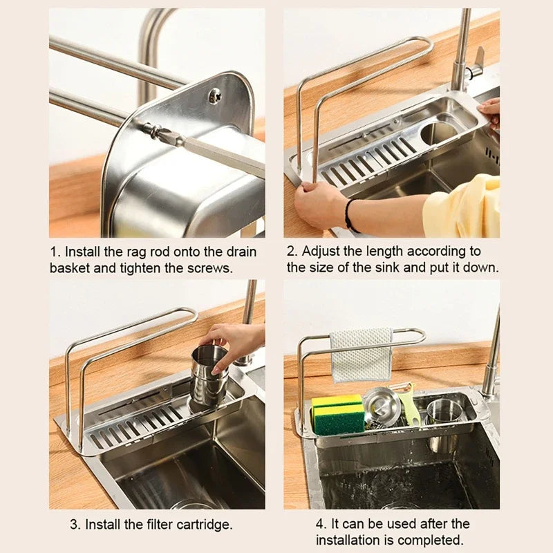 Kitchen Telescopic Storage Rack Sink Organizer Rack Telescopic Faucet Organizer Towel Sponge Storage Adjustable Storage Rack