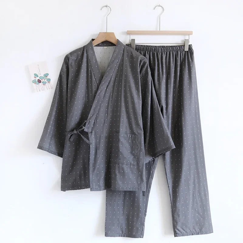 Kimono Robes Pajamas Set for Spring Autumn and Summer Thin Men's Cotton Loose Fit Large Size Half Sleeve Sleepwear Set