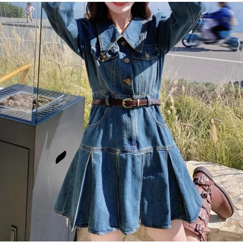 Denim Dress Women's 2026 Spring and Summer New High-end Sense, Unique Design Sense, Waist and Thin Long-sleeved Skirt
