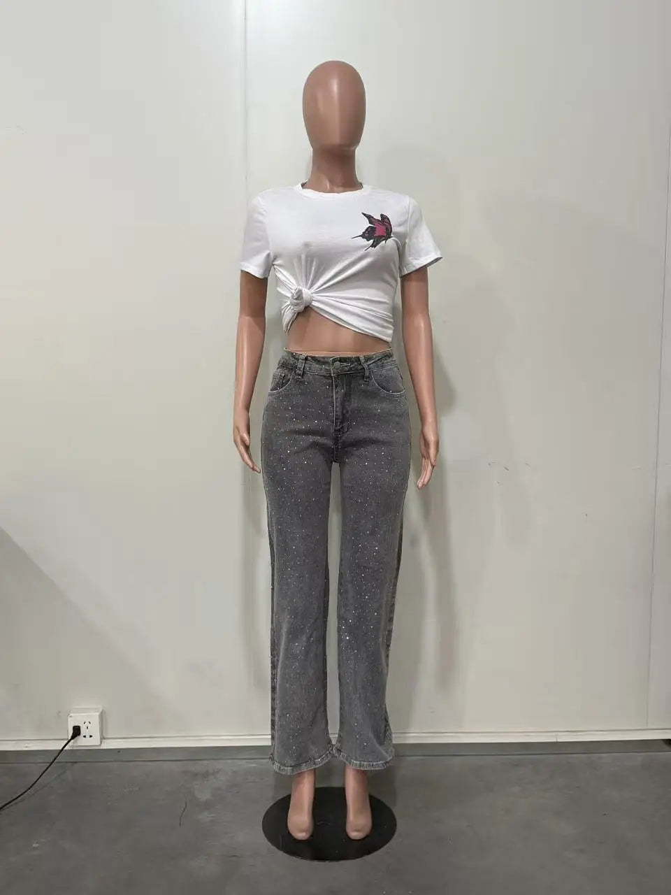 Shiny Rhinestone Jeans Pants Sexy Women High Waist Elegant Night Club Diamonds Denim Straight Trousers