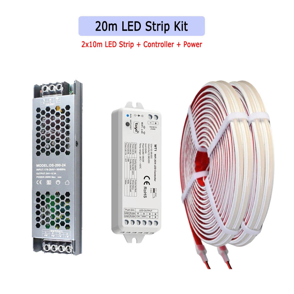 10m 20m Waterproof IP67 Tuya WiFi COB LED Strip 24V Dimmable Room Outdoor Light Warm White Touch Remote for Alexa Home Assistant