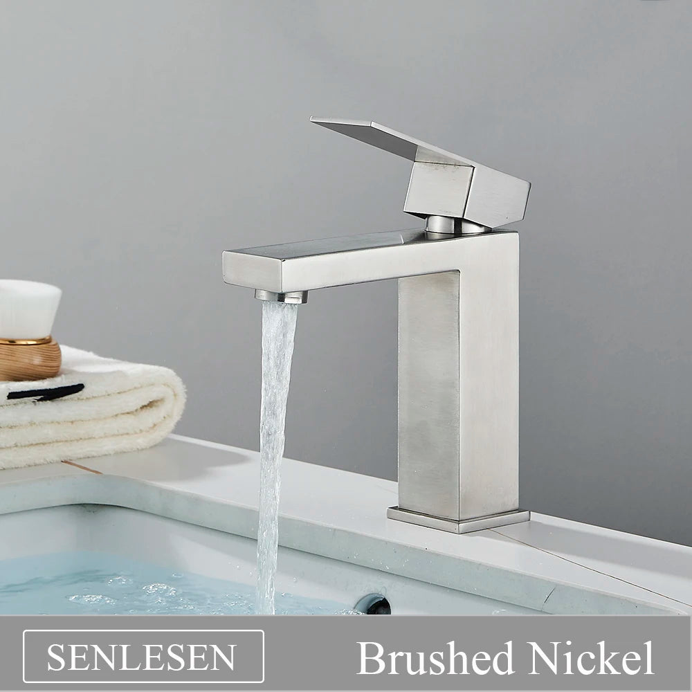 Senlesen Brushed Gold Bathroom Faucet Basin Faucets Deck Mounted Sink Mixer Tap Stainless Steel Countertop Hot Cold Water Crane