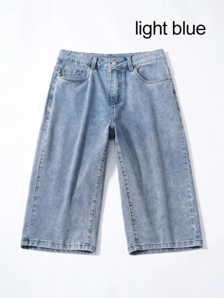 Summer men's six inch shorts over the knee thin straight tube minimalist elastic denim shorts Baggy Jeans Shorts for Men  3/4