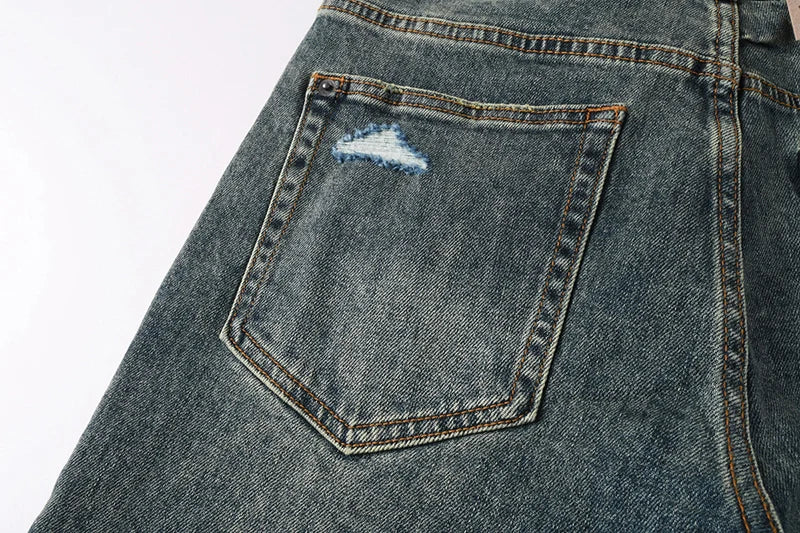 2026 Hot New Men's Blue Acid Washed Denim Shorts Distressed Ripped Embroidered Slim Fit Casual Shorts Streetwear Bottoms