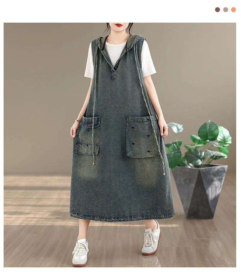 Original Denim Suspender Dres for Women Summer Fashion Vintage Big Pocket Mid-long Frocks Female Hip Hop Baggy Streetwear