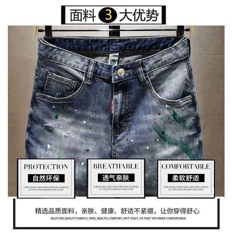 Washed Ripped Denim Men's Trendy Brand Spray Paint Medium Summer Thin Elastic Patch Bermuda Short Pants Men's Jeans Shorts