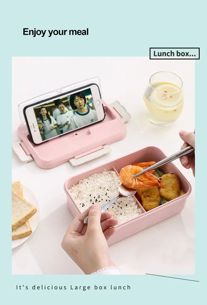Microwave Lunch Box Wheat Straw Bento Box With Dinnerware Food Storage Container Children Kids School Office Portable Bento Box
